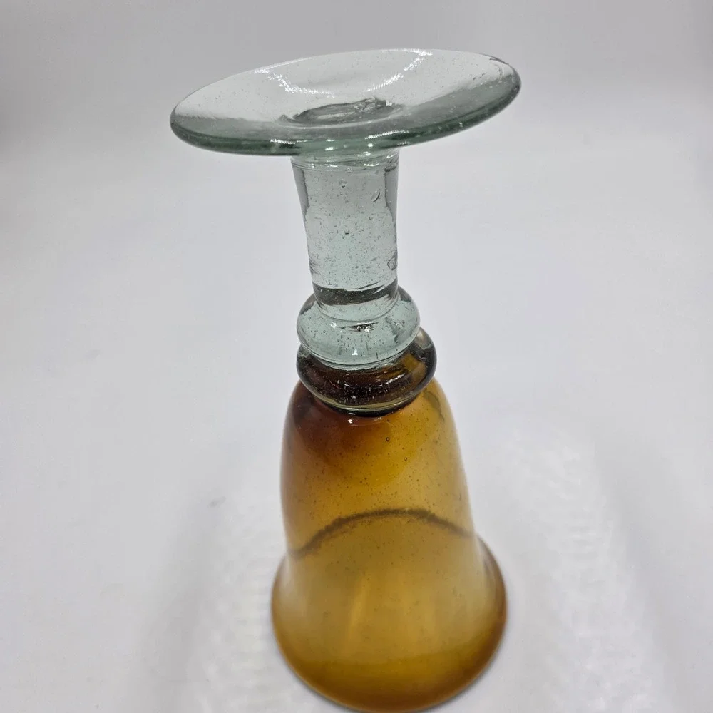 Set of 6 Amber Blown Glass Wine Goblets Aqua Blue Stem Bubbles Hand Blown‎ 8